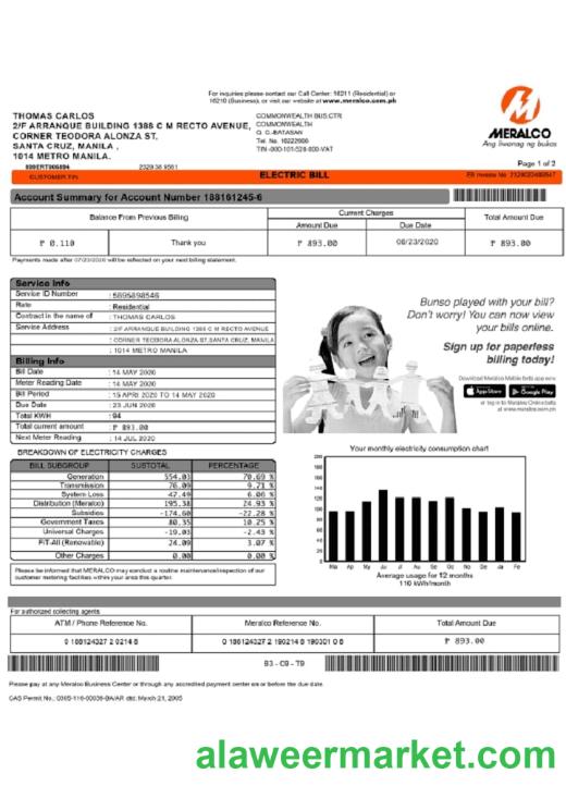 Philippines Meralco electricity utility bill template, fully editable in PSD format